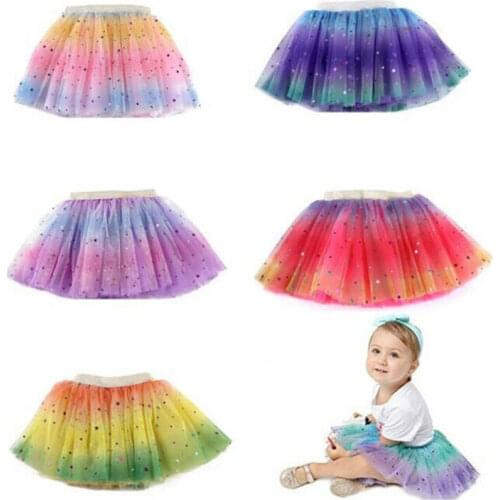 Ballet Tutu Princess Up Dance Wear Costume Party Girls Toddler Kids Sequin Stars Colorful Rainbow Skirt