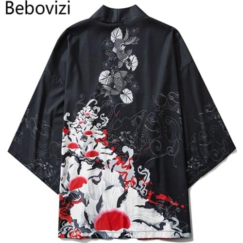 Bebovizi 2020 Japanese Kimono Jacket Koi Printed Harajuku Hip Hop Men Japan Streetwear Robe Jacket Summer Thin Loose Clothing