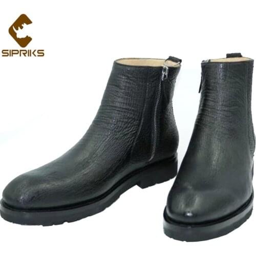 Sipriks Rare Shark Skin Boots Mens Zip Ankle Boots Rubber Sole Elegant Black Short Boot Luxury Top Quality Gentleman Footwear