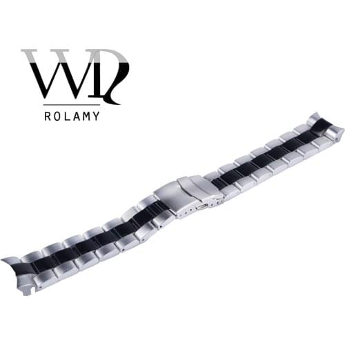 Rolamy 22mm Sliver Black Stainless Steel Wrist Watch band Replacement Metal Watchband Bracelet Double Push Clasp For Seiko
