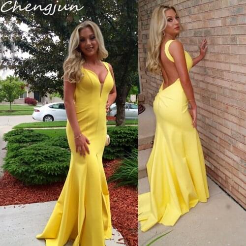 Chengjun Wholesale Party Plus Size Yellow Sexu Back Open Evening Dress