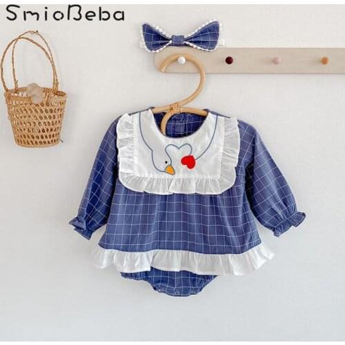 Baby Girls 100 Day Dress Plaid Romper with Headband Blue Swan Embroidered Skirt Hip Suit Newborn Baby Clothes Halloween Costume
