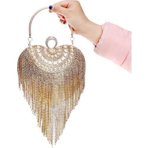 Heart Design Women Evening Clutch Small Beaded Rhinestones Finger Ring Metal Evening Bags Tassel Diamonds Party Handbags X801H