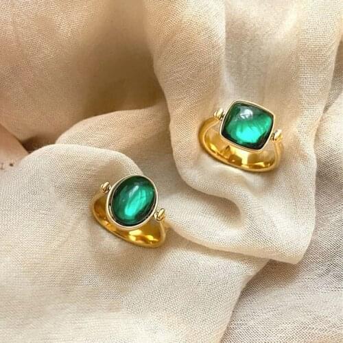 French Vintage Geometric Oval Square Antique Personality Design Finger Ring For Women Luxury Gold Green Rings Jewelry Girl Gift