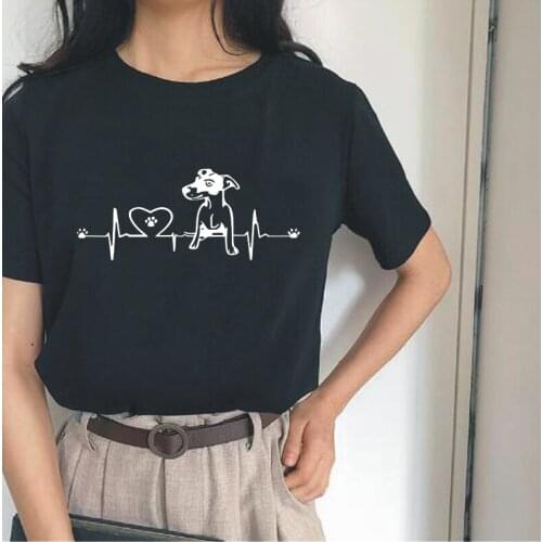 Cute Heartbeat Cartoon Dog Printed t shirt Summer Short Sleeve Hipster Cotton Tee Shirt Femme Casual Harajuku Womens T shirts