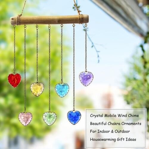 H&D Crystal Mobile Wind Chimes 7 Colors Heart Shaped Gem Pendant Rainbow Window Hanging Wall Art Suncatcher Home Garden Decor