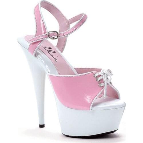 Lacquered, shoelace embellished, stylish 15cm sandals, high-heeled model runway sex appeal sandals