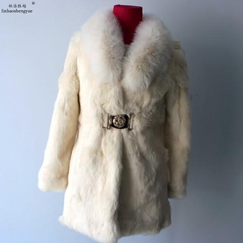 Linhaoshengyue 2015Genuine Natural Fox Collar Rabbit Fur Coat