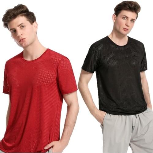 Mens Solid Mesh Breathable Fishnet T Shirt Stretchable Tshirt Ice Silk Sport 2021 Sexy Short Sleeve 4XL O Neck 5 Colors