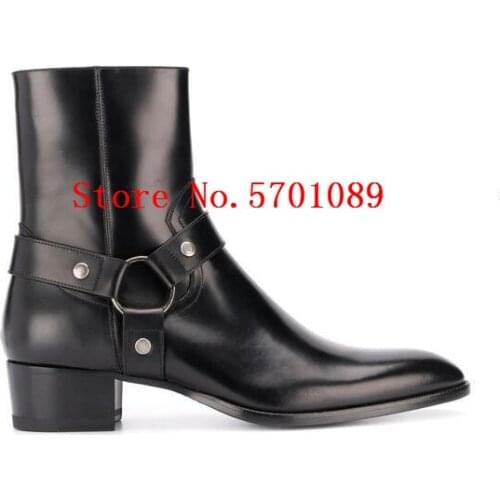 Man Wyatt Harness Boots Smooth Leather Classic Paris Boots Double-chain Harness Strap Zip Closure Stacked Heel Shoes