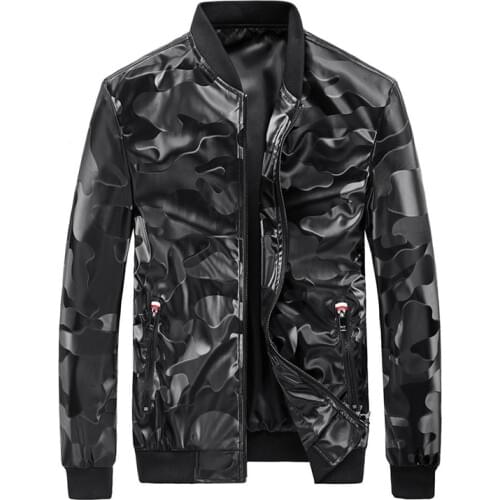 Mens Leather Jackets Spring Autumn Mens Casual Camouflage PU Leather Jacket Coat Slim fit Motorcycle Outerwear Male clothes