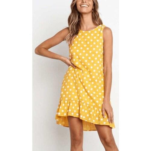 Summer Polyester Womens Dress Round Collar Sleeveless Pullover Polka Dot Print Ruffles Plus Size Fashion Casual Dress