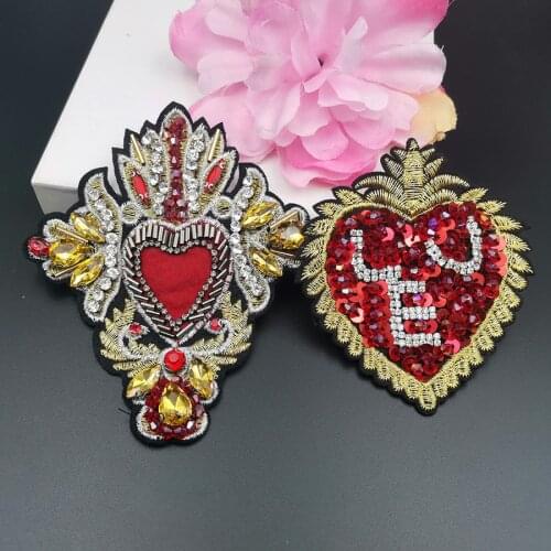 Badge Sequins Rhinestone Applique heart patch beaded sew-on-patch heart with stick gold red letter love crystal pearl embroidery