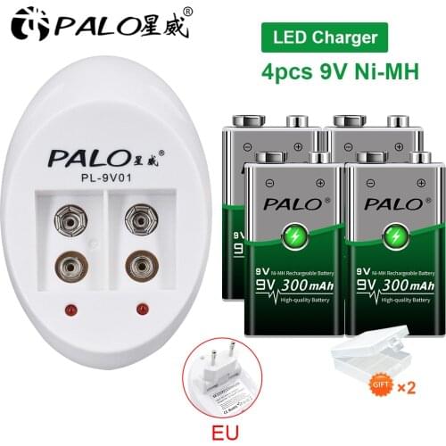 PALO Battery Charger For 6F22 9V NiCd NiMh Rechargeable batteries+4pcs 9V 300mAh Bateria Rechargeable Batteries
