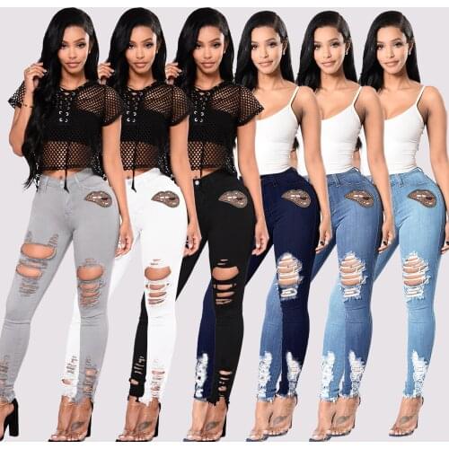 Womens jeans lip print personality fashion holes micro La pants tights fashion versatile pants pantalon femme SAGACE 2021