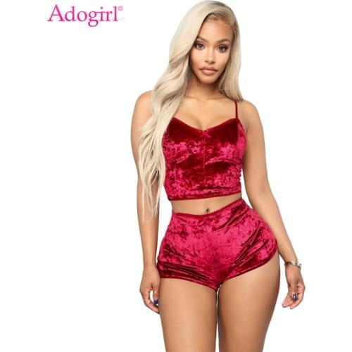 Adogirl Women Velvet Tracksuit Sexy V Neck Spaghetti Straps Crop Top + Shorts Fashion Night Club Suits Two Piece Set Outfits
