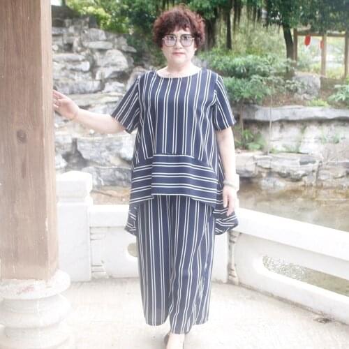 Summer short sleeve striped outfits for women 5xl 6xl 7xl plus size casual loose chiffon two piece set women tops and pants H331