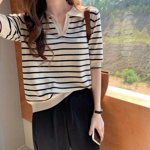Summer Fashion Casual Striped Turn-Down Collar Slim Thin Sweater Womens Clothing 2021 Knit Short Sleeve Loose Korean Femme Top