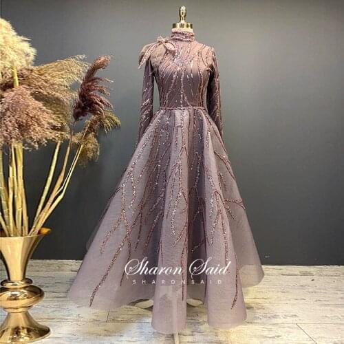 Luxury Purple Long Sleeve Muslim Evening Dress for Women Wedding Party Gowns Midi Ankle Length Arabic Short Formal Prom Dress