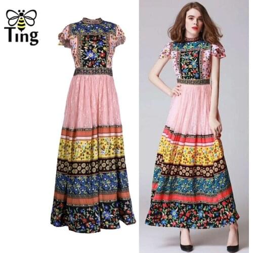 Tingfly Vintage Floral Print Maxi Dress Lady Lace Patchwork Waitst Fitted Long Party Dresses Summer Boho Vestidos Plus Size 2XL