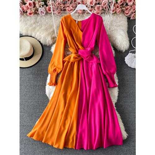 New 2021 Spring Summer Fashion Color Block Holiday Dress Women Lantern Sleeve V-Neck Contrast Fold Crossing Ladies Long Dress