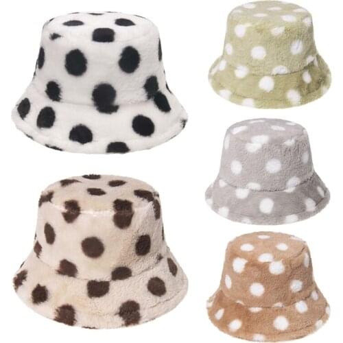Unisex Winter Warm Fuzzy Plush Bucket Hat Vintage Polka Dot Panama Fisherman Cap A0NF