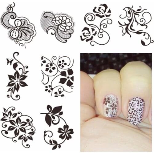 YZWLE 1 Sheet Optional Watermark Nail Stickers Black Lace Flower Nail Art Water Transfer Sticker Decals Nails Wraps Decor