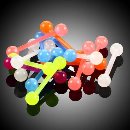 20pcs/lot Acrylic Colorful Bioflexible Soft Tongue Barbell Rings Piercing Glow in Dark Nipple Barbell Fashion Women Jewelry