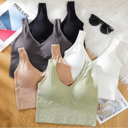 2021 Knitted Tank U Shaped Back Ins Bra Tube Top Padded Women Straps Crop Sexy Sports Fashion Camisole Built Off Shoulder