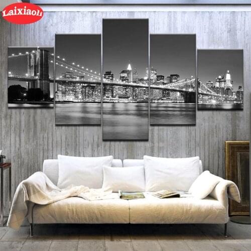 5D Diamond Embroidery Black and white city night view bridge Diamond Painting Full Square Mosaic Cross Stitch Handmade Gift5 PCS