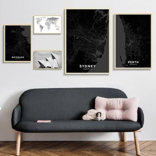 Australia Famous City Sydney Map Wall Art Prints Black White Canvas Painting Pictures Posters Print for Living Room Home Decor