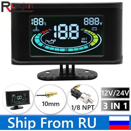 New LCD 3 IN I Car Gauge Voltage Gauge Voltmeter Water Temperature Gauge +10mm sensor Oil Pressure Gauge NPT 1/8 sensor 12V/24V