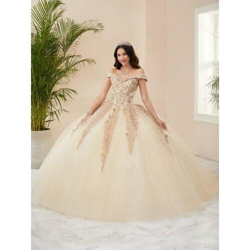 Beige Cheap Quinceanera Dresses Ball Gown Off The Shoulder Tulle Appliques Puffy Sweet 16 Dresses