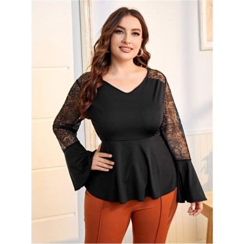 Flare Sleeve Lace Stitching Women Blouses Slimming High Waist Ruffle 2XL To 8XL Plus Size Casual Tops Blusas Mujer T2425