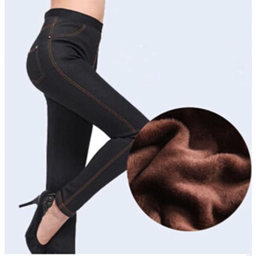 WKOUD Plus Size Winter Jeans Pants For Women Faux Denim Pencil Pants Warm Thickening Fleeces Hot Leggings Casual Legging LG-171