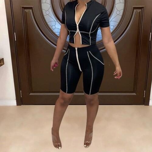 Black Cream Striped Patchwork 2 Two Piece Outfits for Women Zipper Up Bandage Crop Top and Biker Shorts Loungewear Co-ord Suits