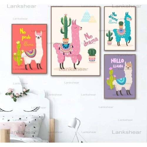 Nursery Decor Prints New Posters Cartoon Llama with Cactus Canvas Painting Cute Animal Alpaca Picture Baby Room Wall Decoration