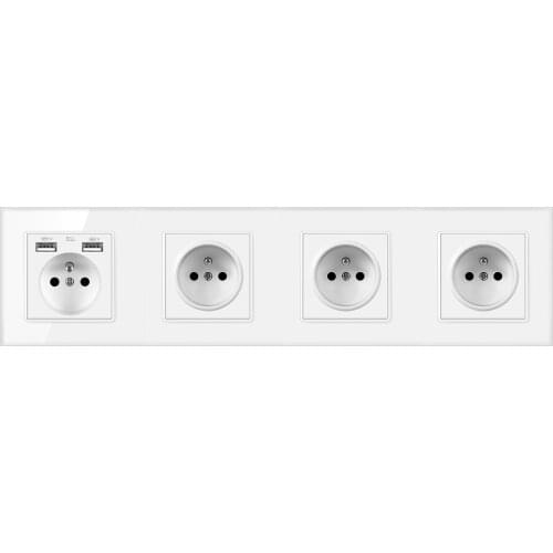 FRON 344*86 French Standard Tempered Crystal Glass Enchufe USB 5V 2100mA Wall Socket Prise Outlet AC110-250V 16A Sockets