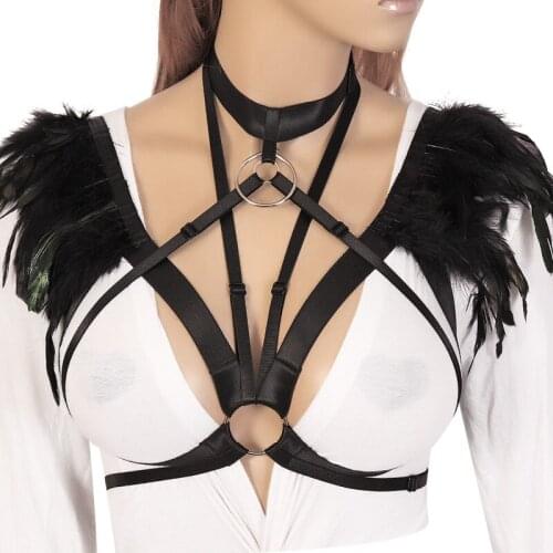Gothic Feather Epaulettes Body Harness Bondage Cage Bra Underwear Sexy Punk Style Strappy Tops Shoulder Angel Wings Lingerie