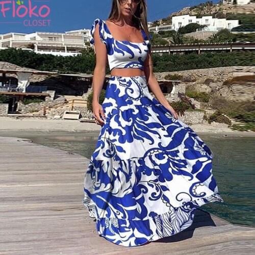 Flokocloset Two Piece Set Maxi Dress Party Floral Print Summer Dresses Spaghetti Strap Crop Top and Maxi Long Skirt 2 Piece Sets