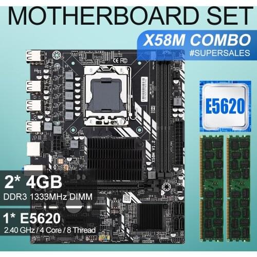 X58 desktop motherboard LGA1366 set kit with Intel xeon E5620 processor and 8Gb(2pcs*4GB) ECC DDR3 1333mhz RAM memory