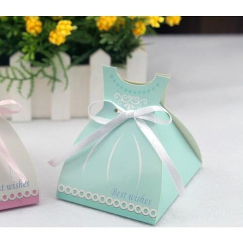 20pcs/lot Beautiful Bride Pink Dress Blue Skirt Wedding Candy Box Cute Best Wishes Candy Box With Ribbon Special Party Supplies