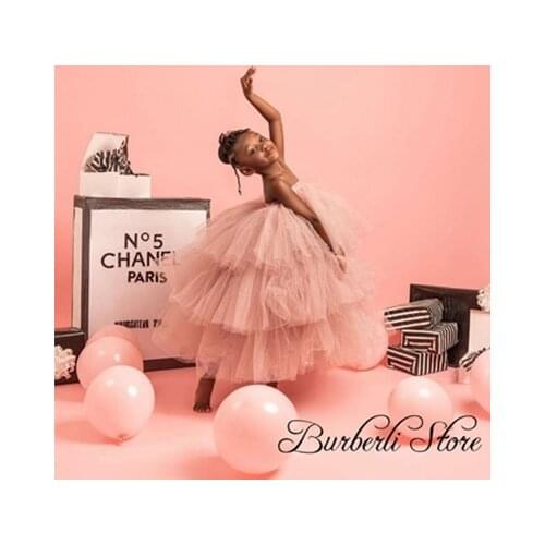 Pretty Champagne Puffy Tiered Ruffles Tulle Kid Dresses To Wedding Party Long Tutu Flower Girl Dresses To Photo-Shoot Ball Gowns