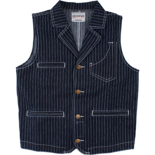 Mcikkny Men Striped Casual Denim Vest Multi Pockets Vinatge Biker Waistcoats For Male Sleeves Jeans Jackets Size S-XXL
