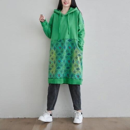 Baggy Hooded Sweatshirt Women Winter Thick Fleeced Warm Oversize Casual Long Pullovers Chinese Style Printing stitching Tops