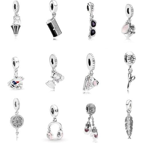 New Fashion Silver 925 Spiritual Feather, Sunglasses, Love Gloves, Scissors, Black Clutch, Tea Cup Original Jewelry Best Gift