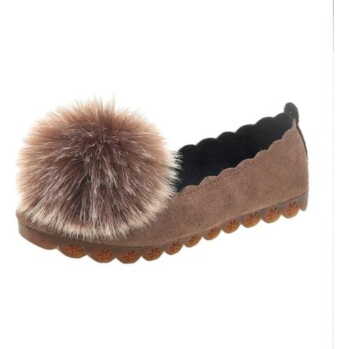 Autumn and winter wild suede real hair ball plus velvet flat shoes fashion comfortable shallow mouth Lok Fu shoes