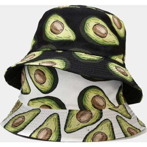 Cartoon Avocado Print Reversible Bucket Hat Women Mens Summer Bob Foldable Panama Bone Fruit Fishing Fisherman Hat Hip Hop Caps