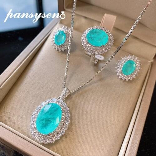PANSYSEN 100% 925 Sterling Silver Jewelry Set Oval Paraiba Tourmaline Emerald Sapphire Necklace Earrings Ring Sets Wholesale