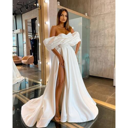 Sexy White Satin Long Evening Dress 2020 Off The Shoulder High Slit Dubai Floor Length Women Party Formal Gowns